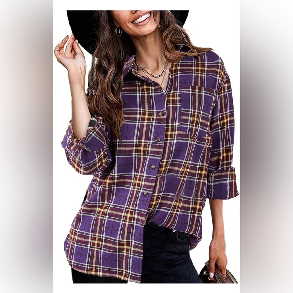 Womens Plaid Long Sleeve Button Down Shirts Collared Flannel Blouse